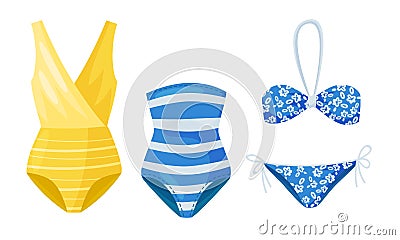 Female Colorful Swimsuits Isolated on White Background Vector Set. Fashion Tankini and Monokini Collection Vector Illustration