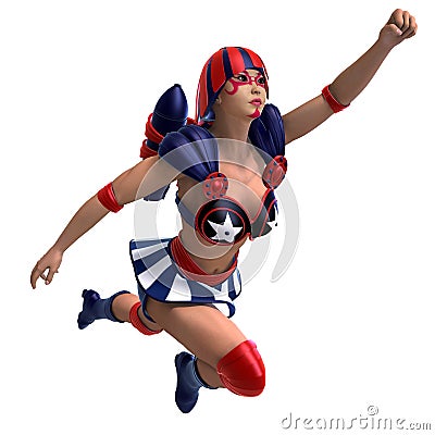 Female comic hero in an red, blue, white outfit Stock Photo