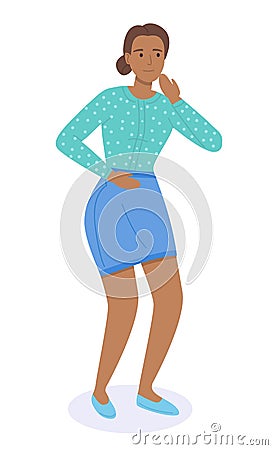 Female character complains of a abdominal pain, shows a hand on a place on the body that hurts Vector Illustration