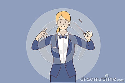 Female conductor with baton in hands Vector Illustration