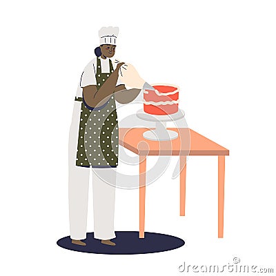 Female confectioner decorating holiday cake with cream from confectionery bag Vector Illustration