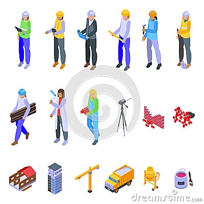 Female construction engineer icons set isometric vector. Architect worker Vector Illustration