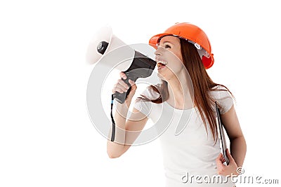 Female construction superintendent with megaphone Stock Photo