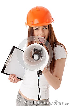 Female construction superintendent with megaphone Stock Photo
