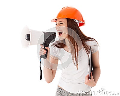 Female construction superintendent with megaphone Stock Photo