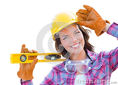 Female Construction Worker with Level Wearing Gloves and Hard Hat Stock Photo