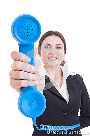 Female contact person showing classic telephone Stock Photo
