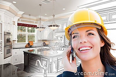 Female Contractor Using Cell Phone Over Kitchen Drawing Gradating to Photo Stock Photo