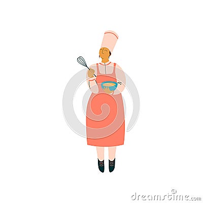 Female Cook Cooking in Restaurant Kitchen, Professional Kitchener Character in Uniform Preparing Delicious Dish with Vector Illustration