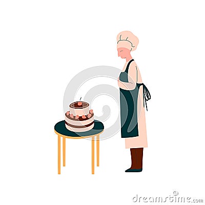 Female Cook Making and Decorating Cake, Professional Confectioner Character in Uniform Vector Illustration Vector Illustration