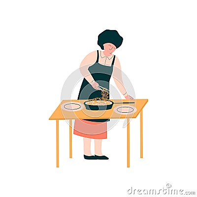 Female Cook Preparing and Serving Dish on Table, Professional Kitchener Character in Uniform Vector Illustration Vector Illustration