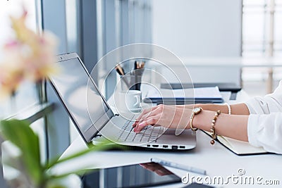 Female copywriter at her workplace, home, writing new text using laptop and Wi-Fi internet connection in the morning. Stock Photo