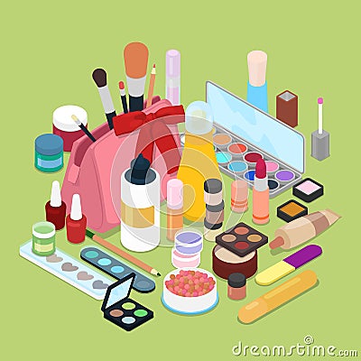 Female Cosmetics Make-Up Set with Powder, Eyeshadow and Lipstick. Isometric flat 3d illustration Vector Illustration
