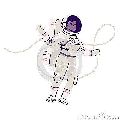 Female cosmonaut in spacesuit floating flat vector illustration. Astronaut, space explorer in spacesuit flying in zero Vector Illustration