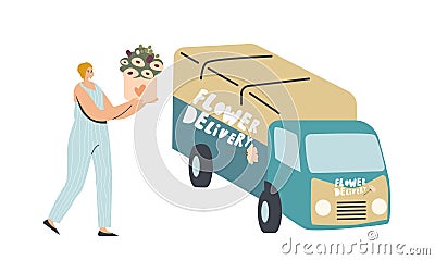 Female Courier Carry Beautiful Flower Bouquet to Delivery Truck for Bringing to Customers for Holidays Celebration Vector Illustration