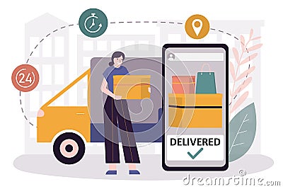 Female courier delivered parcels. Worker shipped package from online marketplace. Applications for shopping on phone Vector Illustration