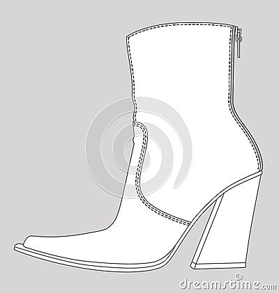 Female cowboy ankle boot fashion flat sketch template Vector Illustration