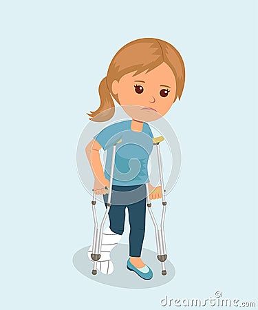 Female with crutches and a medical plaster bandage on leg. Safety concept. Health insurance. Bone fracture. Vector Illustration