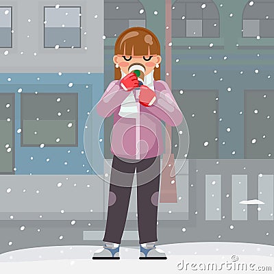 Female cup in hands winter beverage hot drink tea coffee young woman cup flat design vector illustration Vector Illustration