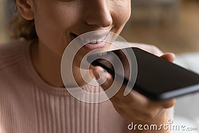 Female customer hold phone speak audio request to assistant app Stock Photo