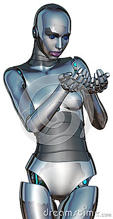 Female Cyborg Android Robot Holding Something Isolated Stock Photo