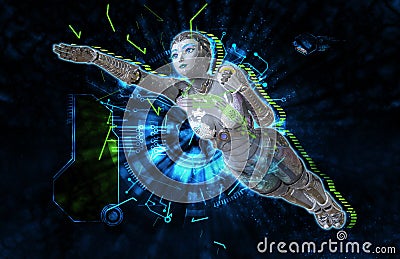 Female cyborg on techno background 3d illustration Cartoon Illustration