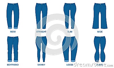 Female Denim Pants Style. Type of Woman Jeans. Skinny, Boyfriend, Loose, Slim, Straight, Mom, Flare, Wide Jeans Vector Illustration