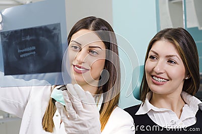 Female dentist holding x-ray, dental scan Stock Photo