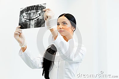 Female Dentist Looking at Dental Xray in Clinic Stock Photo