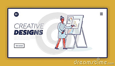 Female designer drawing drafts and sketches on easel. Graphic designer creative process landing page Vector Illustration