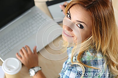 Female designer in office working with digital graphic tablet Stock Photo