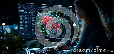 female designer is working on computer analyzing digital data with vibrant graphics scene is illuminated by screen creating Stock Photo