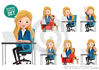 Female desk characters vector set. Business woman manager characters working in office desk while sitting. Vector Illustration
