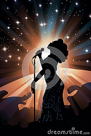 Female diva vocalist singing with a microphone Cartoon Illustration