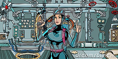 Female diver hunter in submarine. military commando fighter Vector Illustration