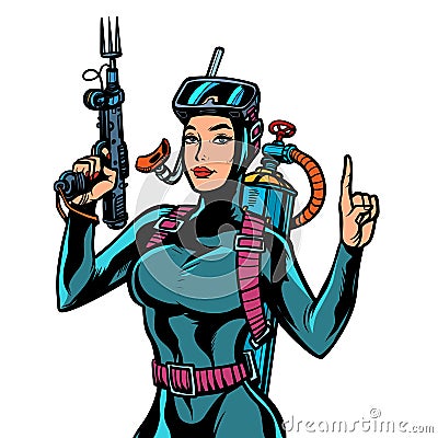 Female diver in wet suit, a gun for underwater fishing Vector Illustration