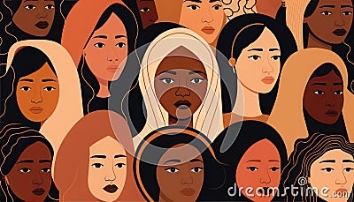 Female diverse faces of different ethnicity poster. Stock Photo