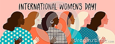 Female diverse faces of different ethnicity. Women empowerment movement pattern. International womens day graphic in vector Vector Illustration
