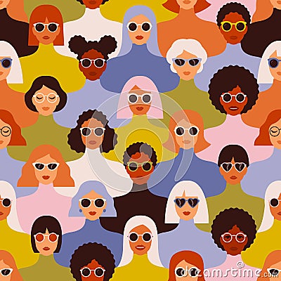Female diverse faces of different ethnicity seamless pattern. Women empowerment movement pattern. International women s Vector Illustration