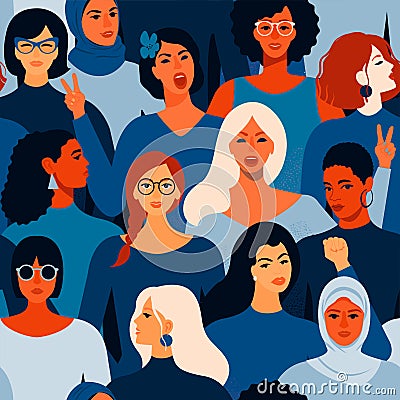 Female diverse faces of different women seamless pattern. Vector seamless pattern. Vector Illustration