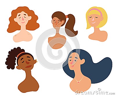 Female diverse faces. Freckles, Piercing, red hair, glasses, blonde, international. Collection of multiethnic female profile Vector Illustration