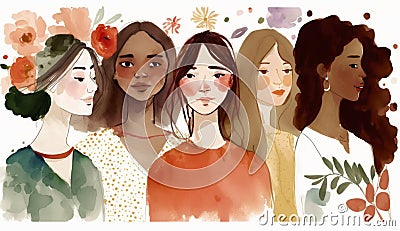 Female diverse faces profile watercolor style, different ethnicity and hairstyle. Woman empowerment movement. Happy International Stock Photo