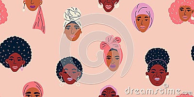 Female diverse seamless pattern. African American women in ethnic headdresses. Vector Illustration