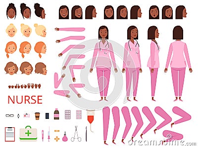 Female doctor animation. Nurse hospital character body parts and clothes healthcare mascot creation kit vector Vector Illustration