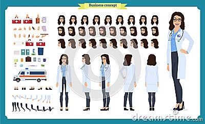 Female doctor character creation set.Front, side, back view animated character.Doctor character creation set with various views Vector Illustration