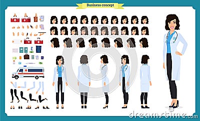 Female doctor character creation set. Full length, different views, emotions, gestures. isolated vector design.Cartoon flat-style Vector Illustration