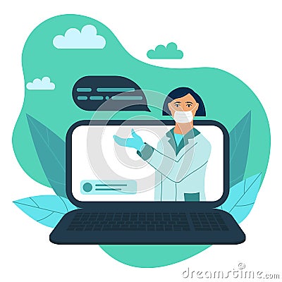 Female doctor diagnosis online via laptop. Modern isolated flat style vector illustration with therapist and chat with Vector Illustration