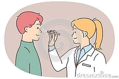 Female doctor examine male patient sight Vector Illustration