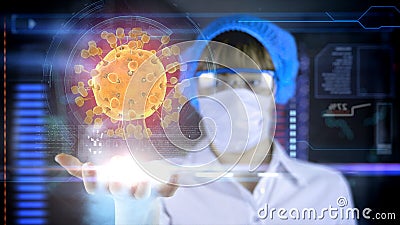 Female Doctor with futuristic hud screen tablet. Bacteria, virus, microbe. Medical concept of the future Stock Photo