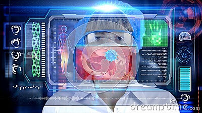 Female Doctor with futuristic hud screen tablet. Bacteria, virus, microbe. Medical concept of the future Stock Photo